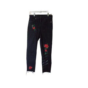 Divided Black Skinny Jeans Embroidered red roses Raw Hem Black Jean Women